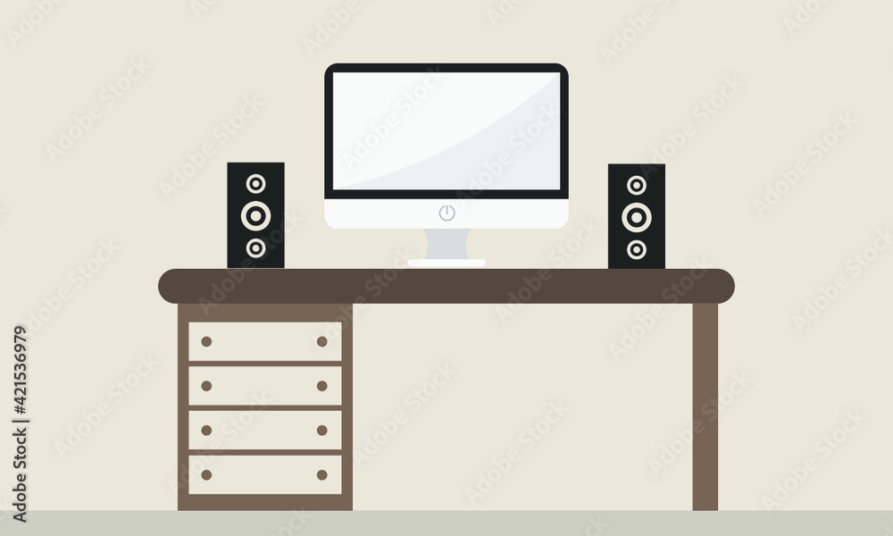Desk or Bureau With Computer Flat Design Desk or Bureau With Computer Flat Design