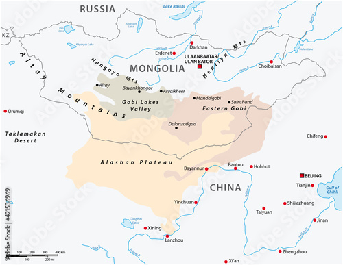 Map of the Central Asian Gobi Desert, Mongolia, China 