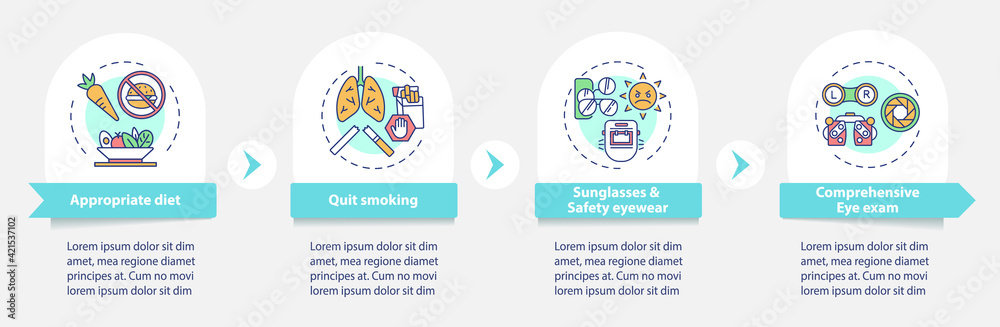 Eye health tips vector infographic template. Quit smoking cigarets presentation design elements. Data visualization with 4 steps. Process timeline chart. Workflow layout with linear icons