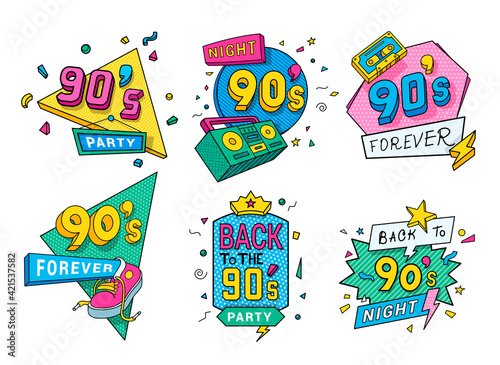 Collection colorful back to 90s logo vector flat illustration in pop art style ninety years emblem photo