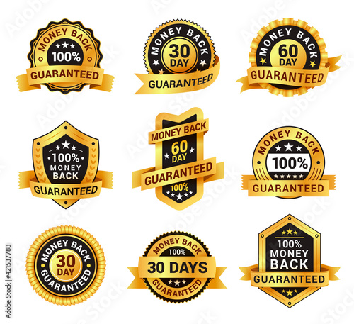 Collection of golden money back sign with ribbon vector realistic symbol of guaranteed return badge