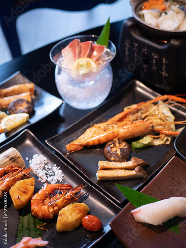 Japanese Menu - Variety of Japanese food - Fish hotpot, Grilled River prawn, Seafood Teppanyaki, Gyudon, Shrimp Skewer and Suzuki Sashimi