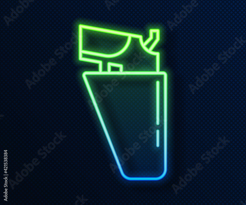 Glowing neon line Revolver gun in holster icon isolated on blue background. Vector