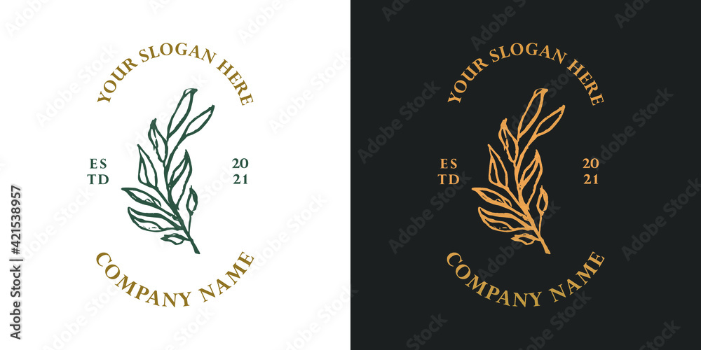 Vector wild twig logo with leaves. Drawn by hand. Logo for floral designer, flower shop, organic shop, cosmetic, spa, beauty salon, boutique.
