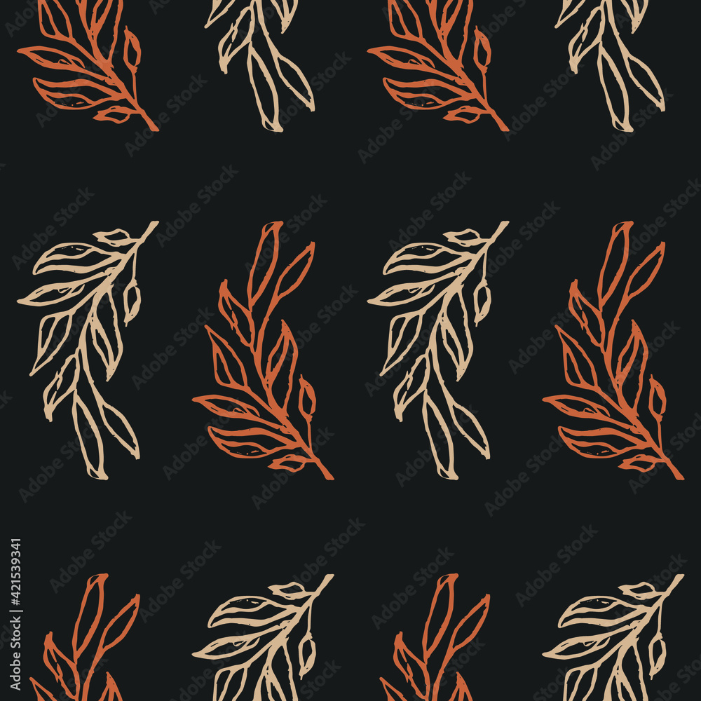 Vector seamless pattern of wild twigs and leaves. Botanical background on a gray background. Great for printing on fabric and paper.