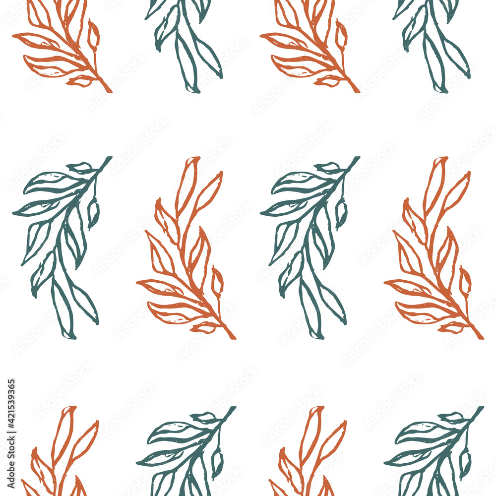 Vector seamless pattern of wild twigs and leaves. Botanical background on a white background. Great for printing on fabric and paper.