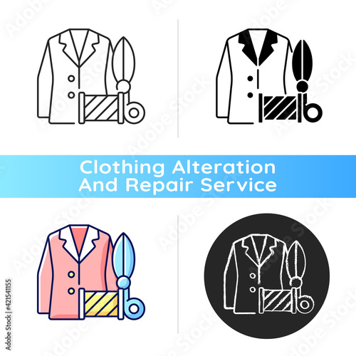 Custom suits and shirts black linear icon. Professional tailor studio. Garment restoration. Clothing alteration and repair services. Outline symbol on white space. Vector isolated illustration