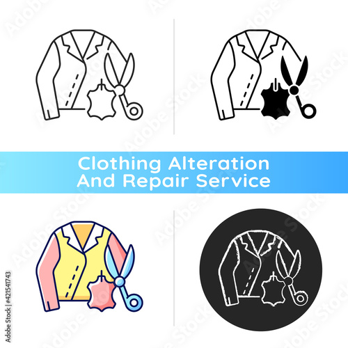 Leather and suede repair black linear icon. Damaged apparel. Tailor salon. Sewing custom jacket. Clothing alteration and repair services. Outline symbol on white space. Vector isolated illustration