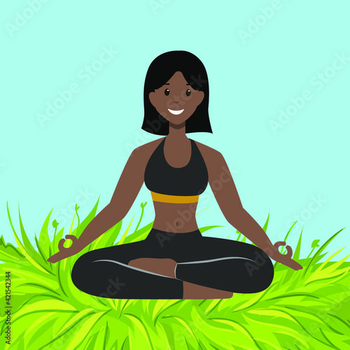 Black girl doing yoga on the grass, vector illustration