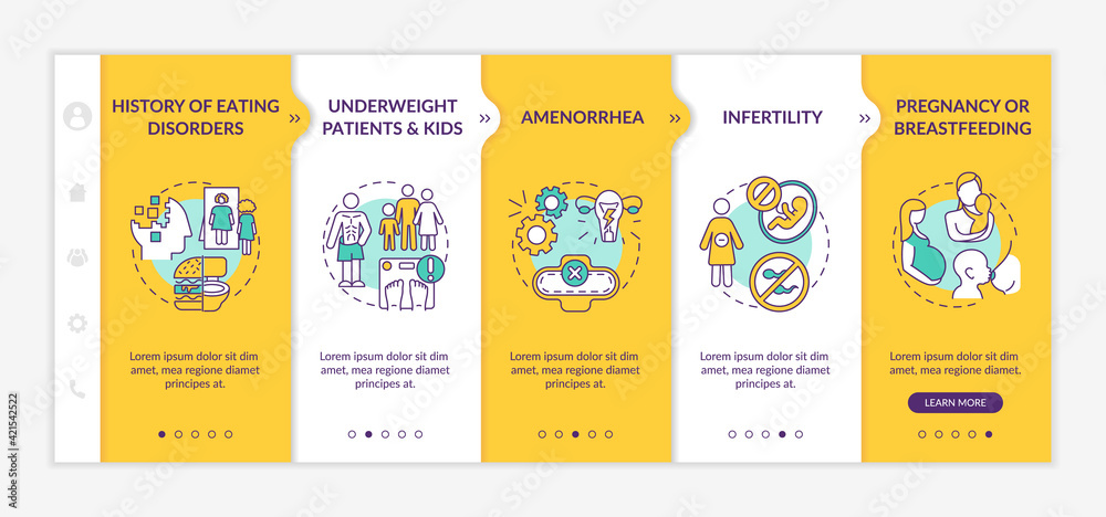 Precautions for dieting onboarding vector template. Amenorrhea and infertility. Pregnancy and breastfeeding. Responsive mobile website with icons. Webpage walkthrough step screens. RGB color concept
