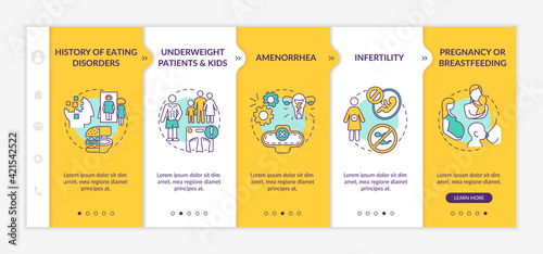 Precautions for dieting onboarding vector template. Amenorrhea and infertility. Pregnancy and breastfeeding. Responsive mobile website with icons. Webpage walkthrough step screens. RGB color concept
