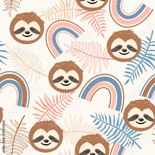Seamless tropical abstract pattern with sloth cute face, palm leaves and rain...