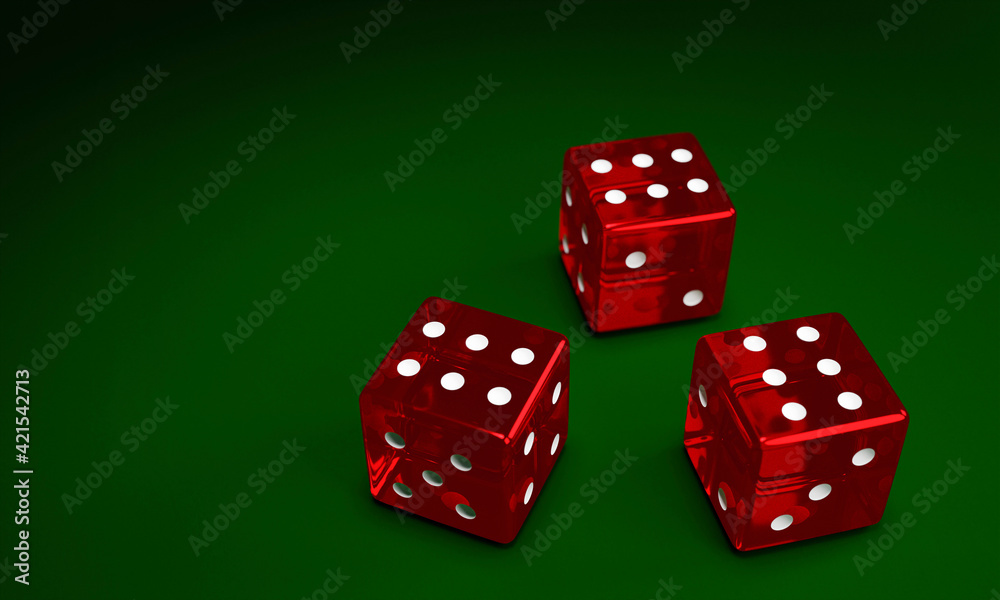 Transparent red dice are falling on the green felt table. The concept of dice gambling in casinos. 3D Rendering Transparent red dice are falling on the green felt table. The concept of dice gambling in casinos. 3D Rendering