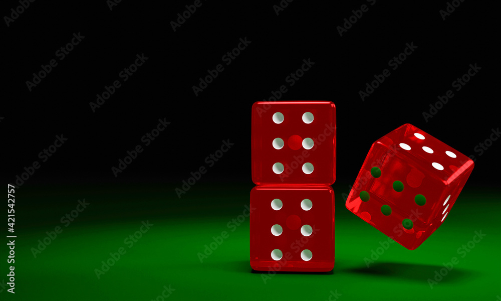 Transparent red dice are falling on the green felt table. The concept of dice gambling in casinos. 3D Rendering Transparent red dice are falling on the green felt table. The concept of dice gambling in casinos. 3D Rendering