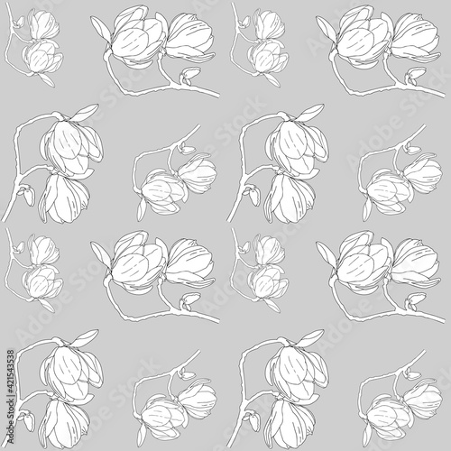 Magnolia flowers on a branch. Seamless background. Decorative design for printing on fabric or paper.