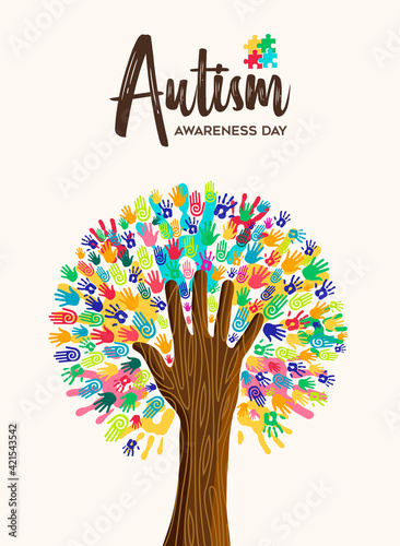 Autism Awareness Day diverse kid hand tree card