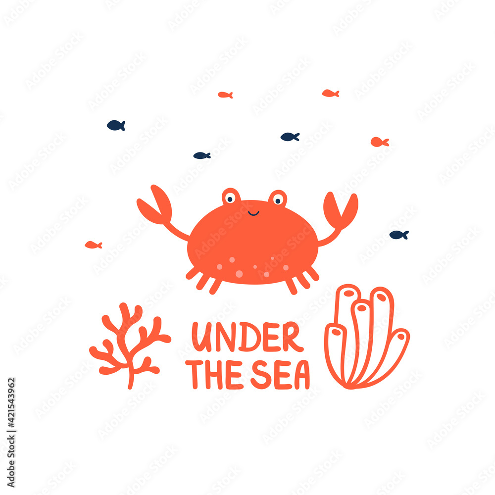 Happy red crab with fish and algae. Vector cute character. Lettering under the sea. Hand-drawn doodle. Isolated on a white background. Happy red crab with fish and algae. Vector cute character. Lettering under the sea. Hand-drawn doodle. Isolated on a white background.