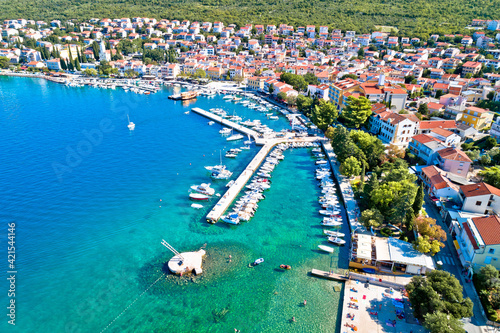 Tourist town of Selce waterfront aerial view