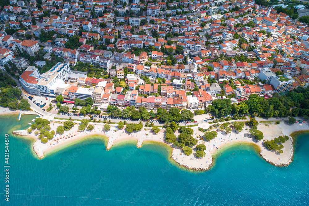 Crikvenica. Aerial view of Crikvenica beach and waterfront restaurants row