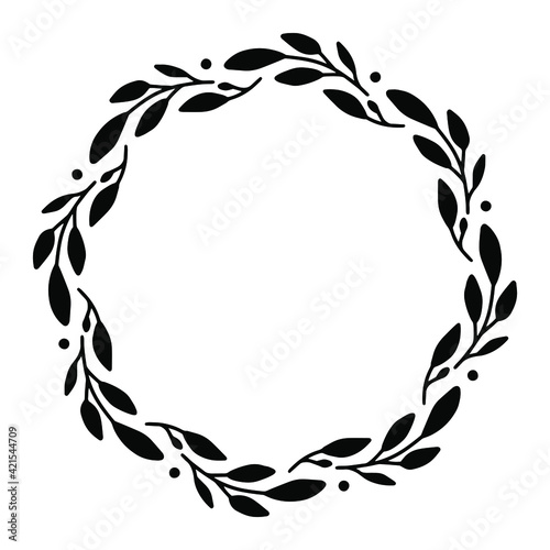 Vector hand drawn spring wreath isolated on white background. Silhouette circle of leaves. Doodle style. Floral frame.