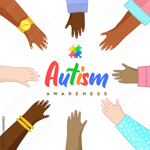 Autism Awareness Day diverse kid friends hand card