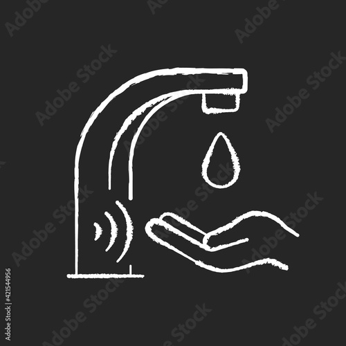 Automatic water tap chalk white icon on black background. Electronic and touchless automatic faucet that allows to drastically decrease water consumption. Isolated vector chalkboard illustration