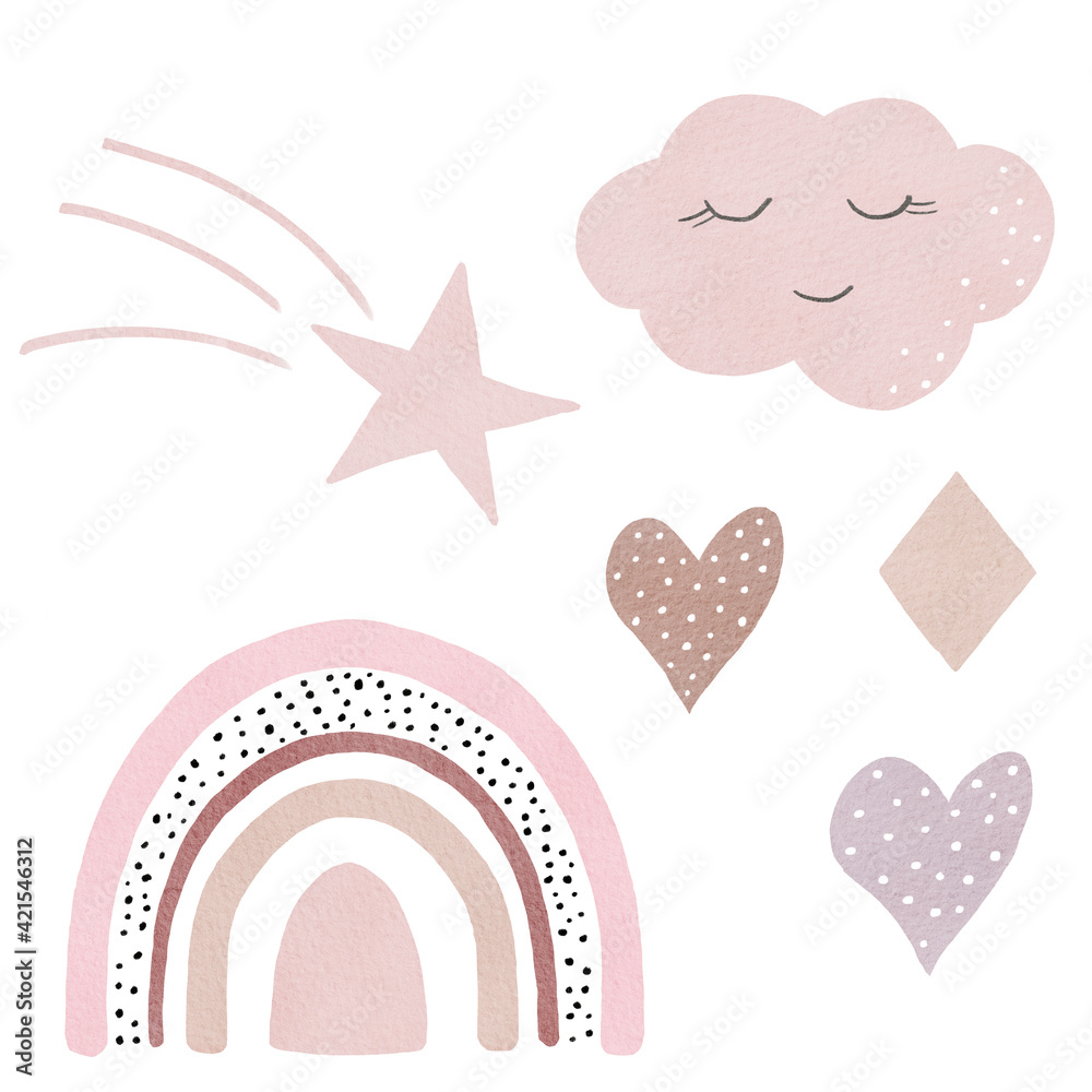 Watercolor hand painted boho rainbow clipart set with cloud, hearts, star and decorative element.