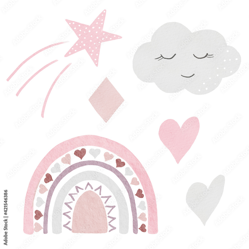 Watercolor boho rainbow, cloud, star, hearts. Neutral color clipart. Nursery art illustration in trendy style.