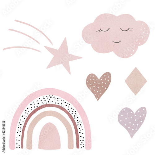 Obraz na płótnie Watercolor hand painted boho rainbow clipart set with cloud, hearts, star and decorative element. w salonie