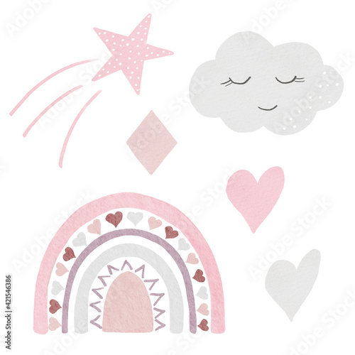 Obraz na płótnie Watercolor boho rainbow, cloud, star, hearts. Neutral color clipart. Nursery art illustration in trendy style. w salonie