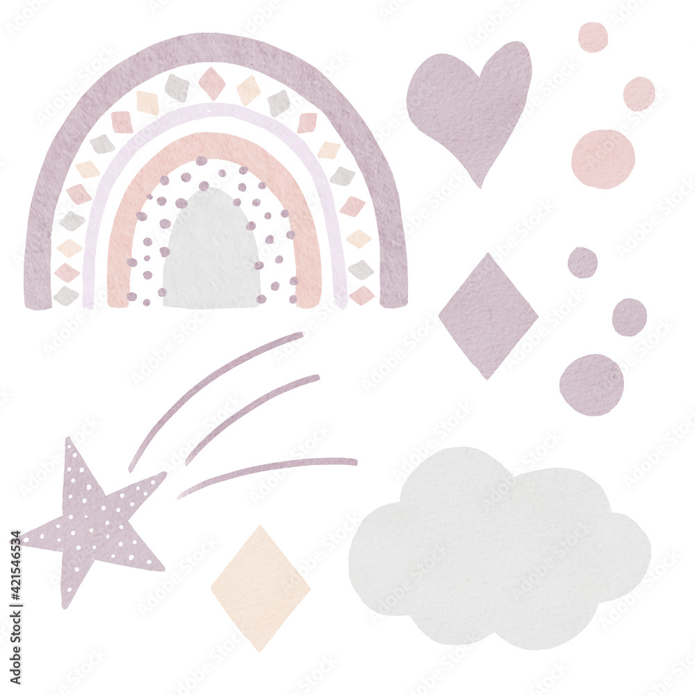 Watercolor set of neutral rainbow in boho style, star, heart, cloud and kids decorative elements.