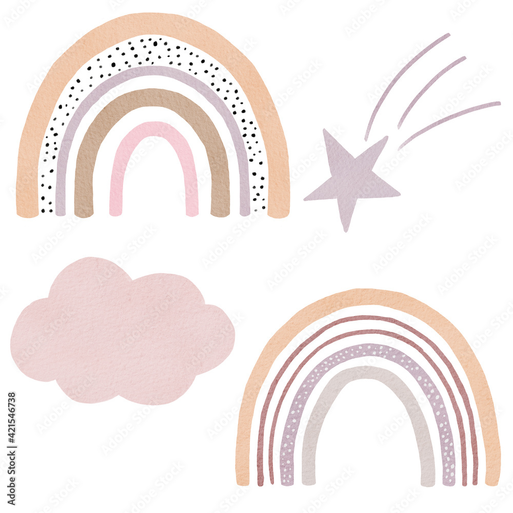 Boho rainbow watercolor clipart set. Hand painted neutral colors illustration isolated on white. Kids nursery clip art.