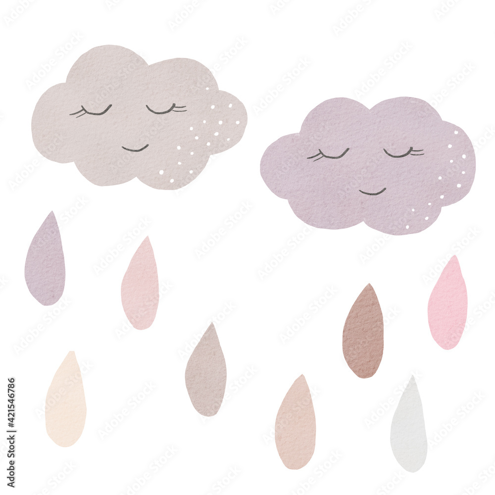 Watercolor happy clouds and rain drops clipart set. Neutral colors illustration for kids nursery decor, baby shower.