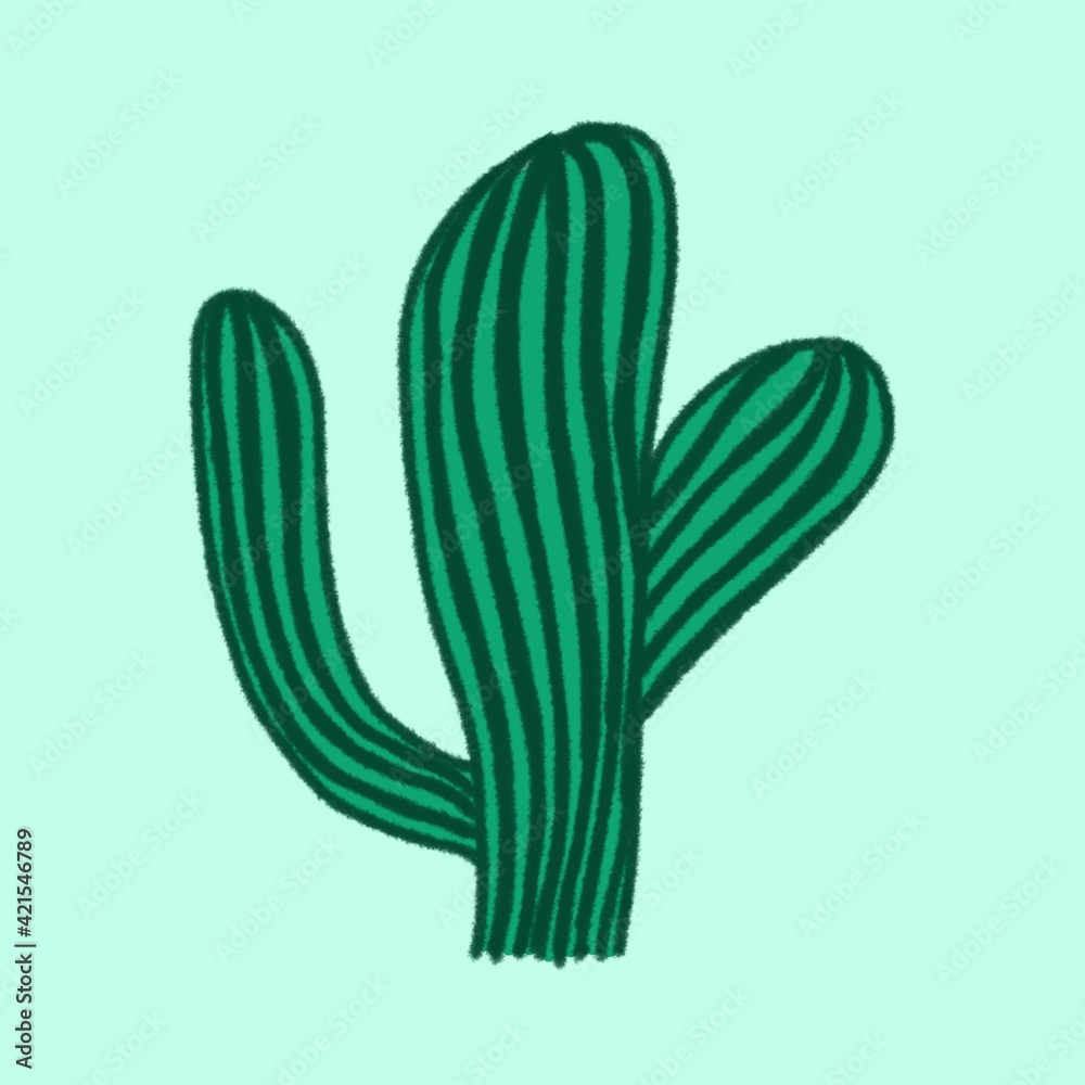 Wild green striped cactus. Hand-drawn.