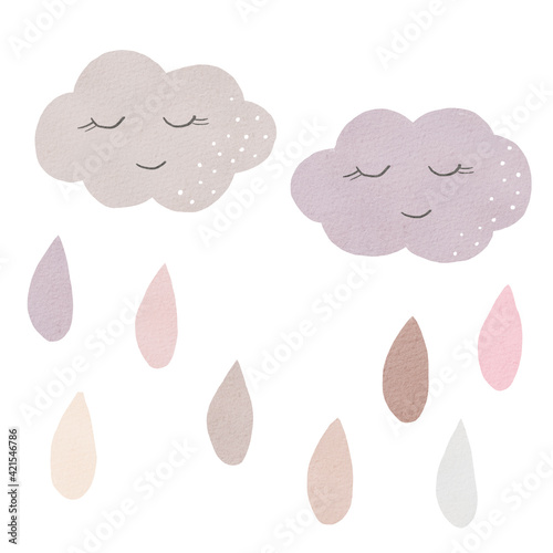 Obraz na płótnie Watercolor happy clouds and rain drops clipart set. Neutral colors illustration for kids nursery decor, baby shower. w salonie