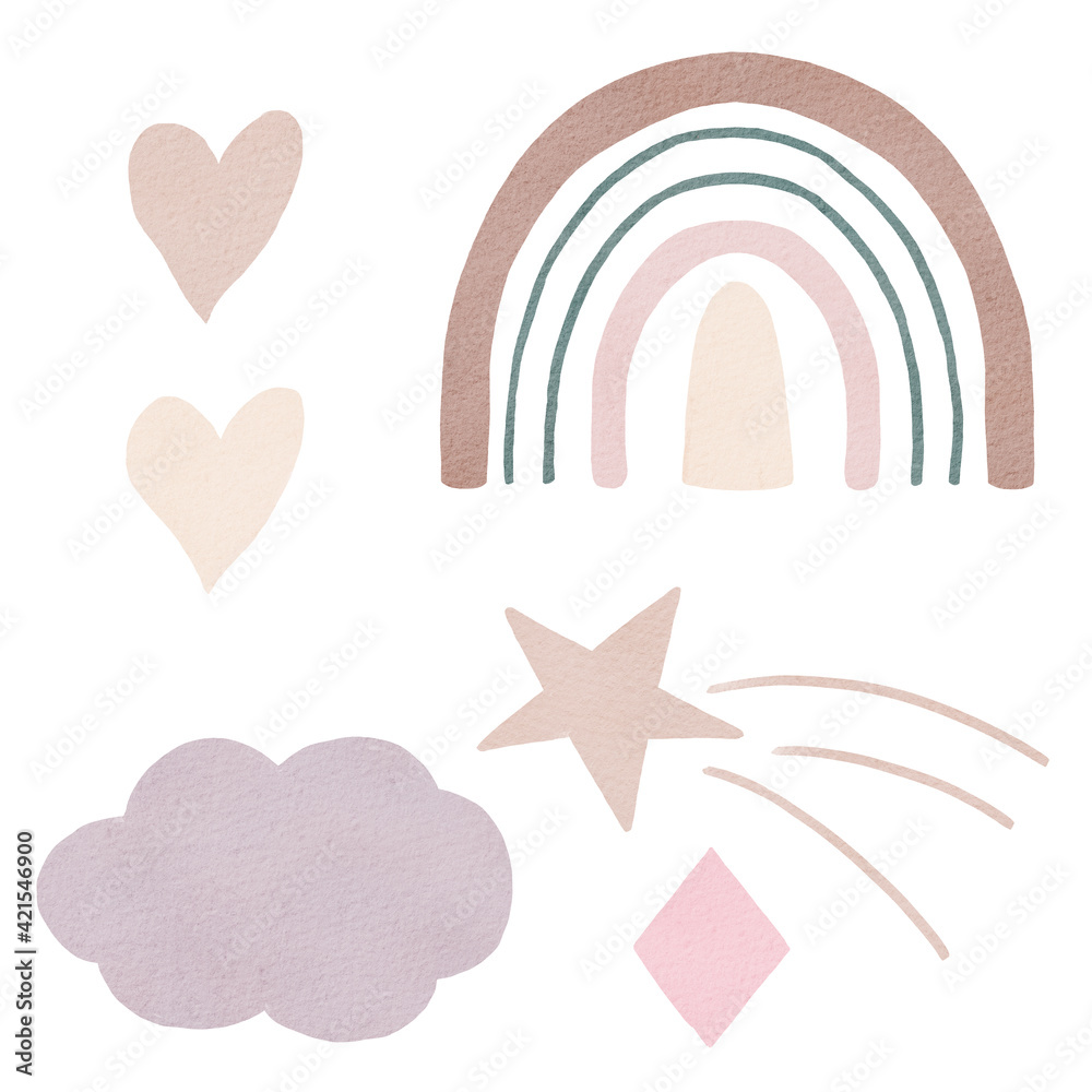 Watercolor clipart set with boho rainbow, star, cloud, hearts, rhombus. Kids illustration. Neutral colors.