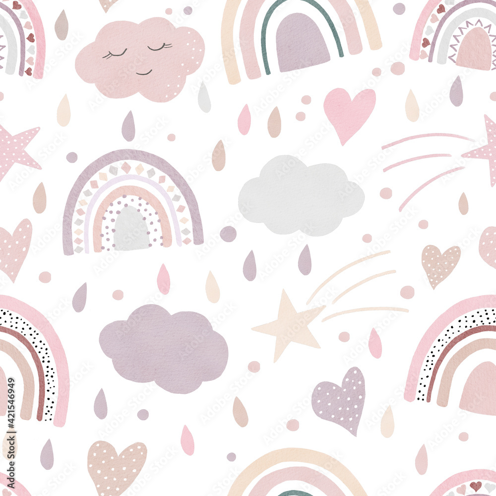 Kids watercolor digital paper with boho rainbows, clouds, hearts, stars, rain drops. Nursery wallpaper decor.