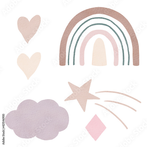 Obraz na płótnie Watercolor clipart set with boho rainbow, star, cloud, hearts, rhombus. Kids illustration. Neutral colors. w salonie