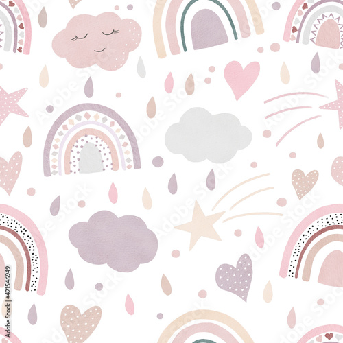 Obraz na płótnie Kids watercolor digital paper with boho rainbows, clouds, hearts, stars, rain drops. Nursery wallpaper decor. w salonie