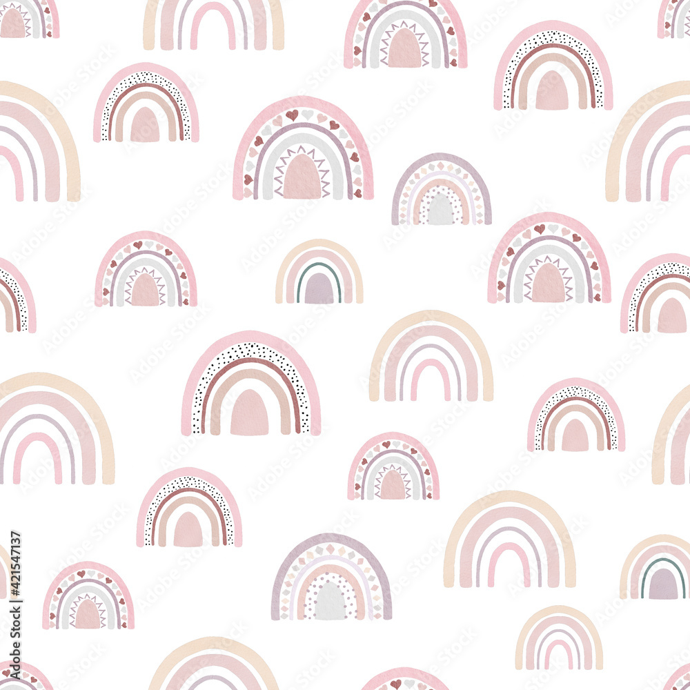 Boho rainbow watercolor clipart. Seamless pattern digital paper. Hand painted illustration for baby shower, nursery.