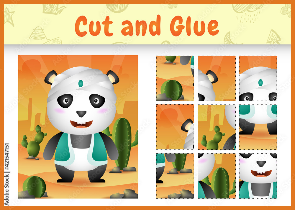 Fototapeta premium Children board game cut and glue themed easter with a cute panda using arabic traditional costume