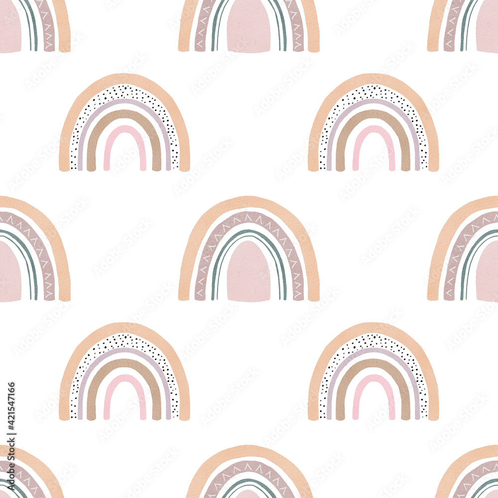 Scandinavian boho rainbow digital paper. Seamless pattern watercolor clipart isolated on white background.
