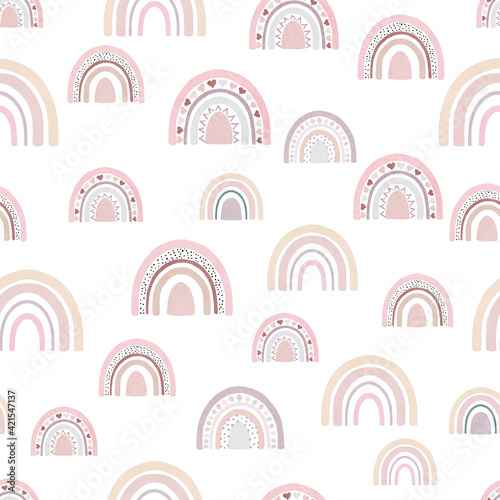 Boho rainbow watercolor clipart. Seamless pattern digital paper. Hand painted illustration for baby shower, nursery.