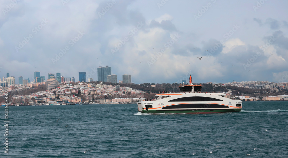 (Istanbul - Turkey 15 February 2021) Istanbul Strait and passenger ferries.