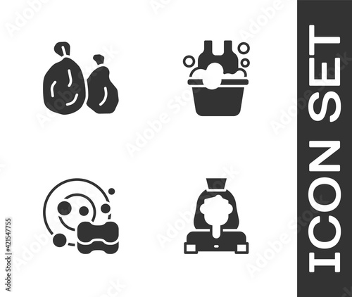 Set Cleaning lady service, Garbage bag, Washing dishes and Basin with soap suds icon. Vector