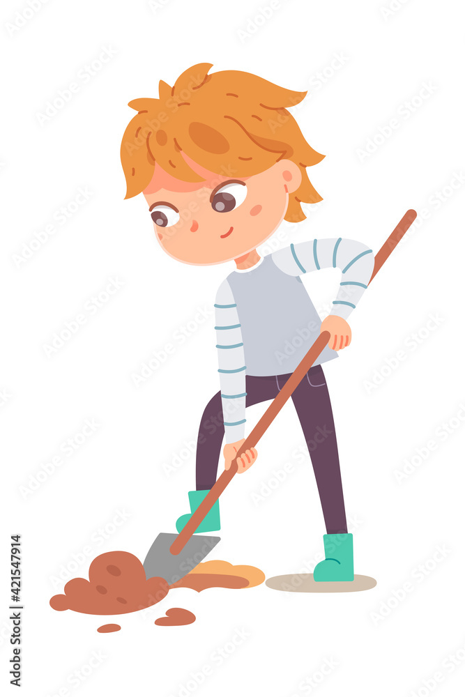 Kid digging with shovel in garden. Little happy boy standing with spade in hands and digging ground vector illustration. Child doing chores in agriculture, helping on white background Kid digging with shovel in garden. Little happy boy standing with spade in hands and digging ground vector illustration. Child doing chores in agriculture, helping on white background