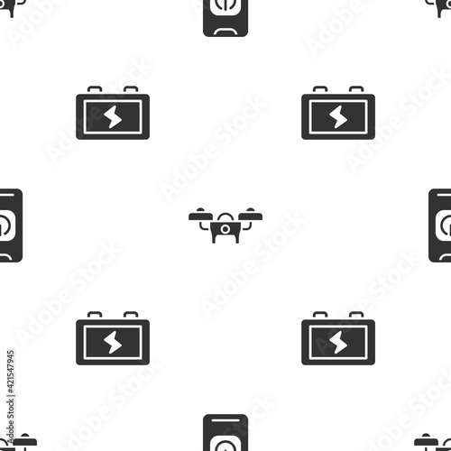 Set Turn off robot from phone, Drone and Battery on seamless pattern. Vector