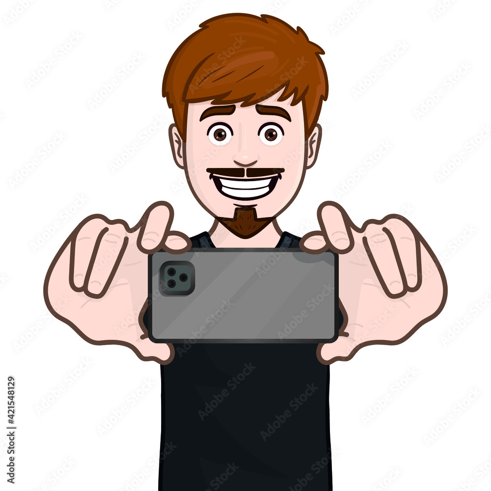 young man laughs and takes a picture with his smartphone. illustration, avatar, torso, comic.