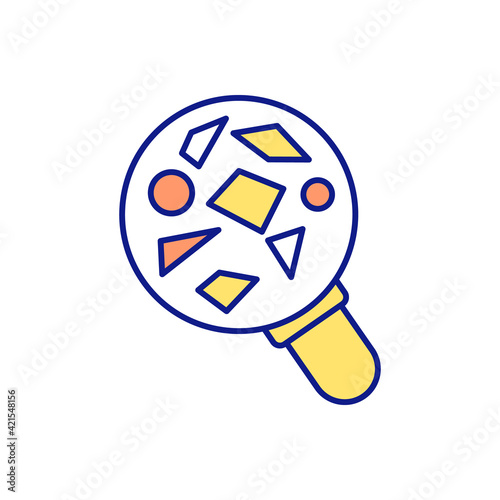 Particles of small plastic under magnifying glass RGB color icon. Microplastics types. Harm to environment. Microplastics under magnifying glass. Isolated vector illustration