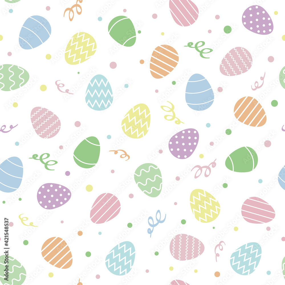 A seamless pattern of Easter eggs of pastel colors on a white background. Eggs in a flat style of pink, blue, yellow and purple. Pattern for postcards, wrapping paper, wallpaper, screensavers A seamless pattern of Easter eggs of pastel colors on a white background. Eggs in a flat style of pink, blue, yellow and purple. Pattern for postcards, wrapping paper, wallpaper, screensavers